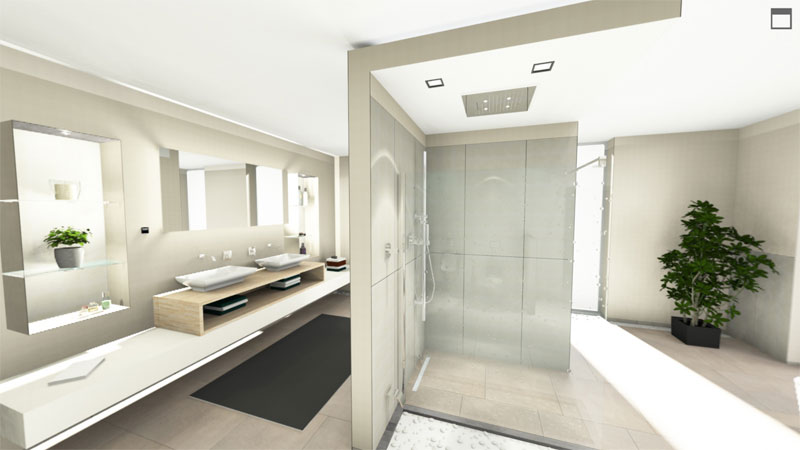 Zu sehen ist ein modernes Bad mit langer Theke und Waschbecken sowie Spiegel. Ebenfalls zu sheen ist eine Dusche. Die Wände und der Boden sind gemischt gefliest mit Grau-Braunen und Weißen Fliesen.